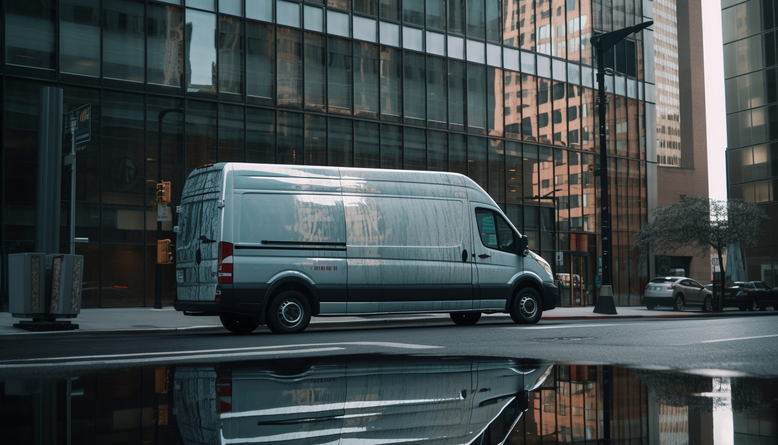 City trucks rush by, delivering urgent cargo generated by artificial intelligence